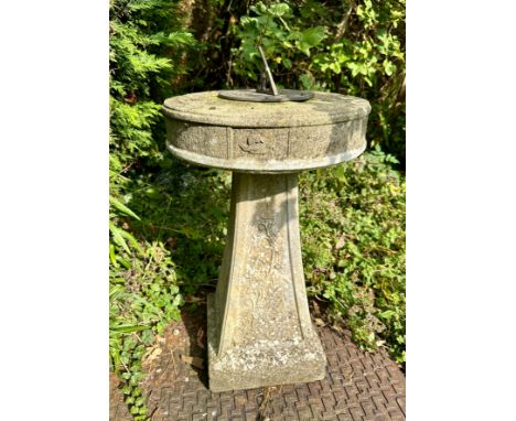 Reconstituted stone sundial. 62cm h x top 41cm diameter.