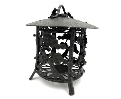 Japanese bronze lantern with cherry blossom decoration. Approximately 25cm h.