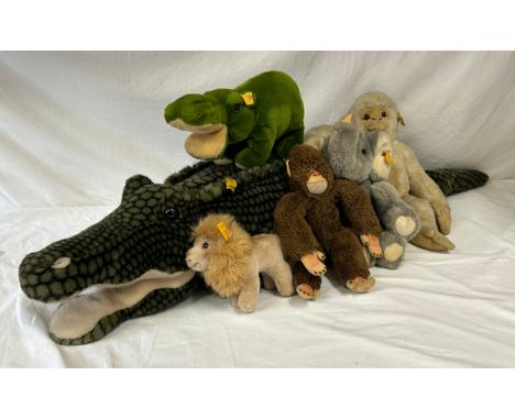 A Collection of Steiff Soft Toys to include a very large Crocodile 108cm length, 2 x Monkeys, Grey Elephant, Hippo and a Smal