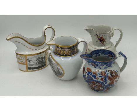 A group of mainly Spode early 19th century jugs, c. 1820. To include a moulded jug with painted birds and insects, a Stone Ch