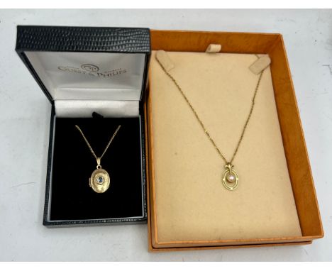 Two nine carat gold pendants to include one set with pearl and locket set with sapphire. Total weight 5.2gm. The pearl chain 