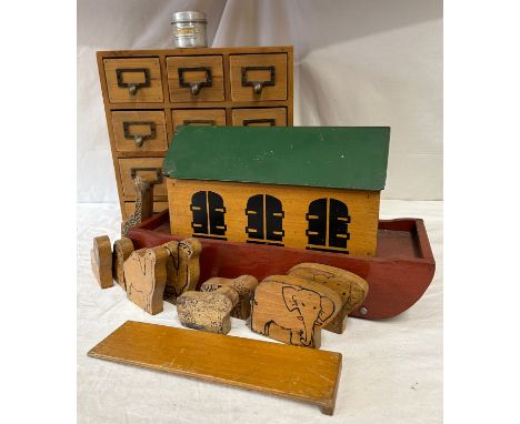 Vintage pine Storage Drawers with brass handles and 12 drawers along with a wooden Noah's Ark to include 10 x animals (2).