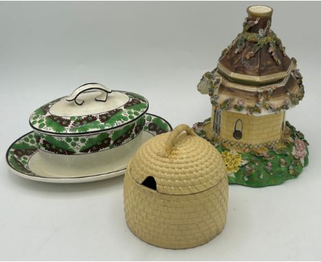 A group of early 19th century Spode wares, c. 1820. To include an incense burner modelled as a cottage, a caneware honey pot 