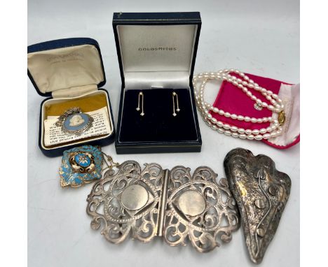 Jewellery to include 9 carat gold and diamond earrings, 19th yellow metal and enamel mourning brooch, silver buckle, silver b