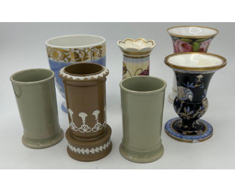 A group of early 19th century spill vases, mainly Spode, c. 1820. To include Tumbledown Dick printed and painted vase, sprig 