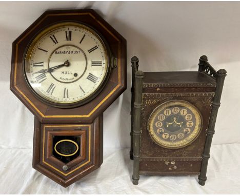Two 19thC clocks to include a Seth Thomas Drop Dial 8-day Wall Clock by Barnby &amp; Rust of Hull complete with pendulum 56cm