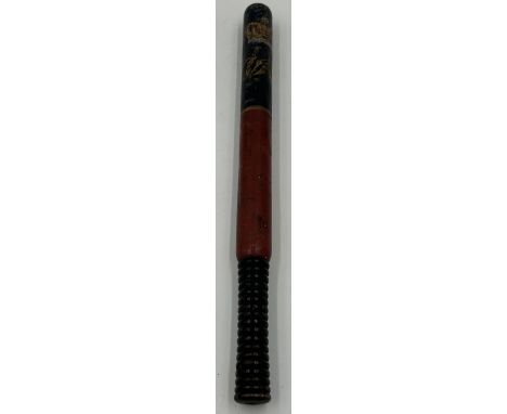 A Victorian police hardwood truncheon with painted Victorian Crown, lettering 'V R', and turned handle. 47cm, A/F.