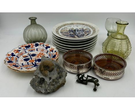 A miscellany to include two 19thC glass vases, tallest 15cm and a Roemer style glass, 2 x ironstone 'Japan Stone China' plate