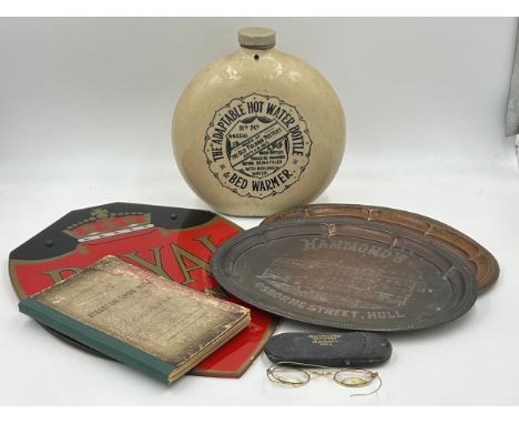 A collection of Hull interest to include a copper tray marked Hammond's Osborne Street, Hull. A second copper tray marked WM.