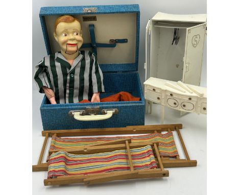 Various vintage toys to include a ventriloquist's dummy, two  miniature deckchairs doll or bear size, with original stripy fa