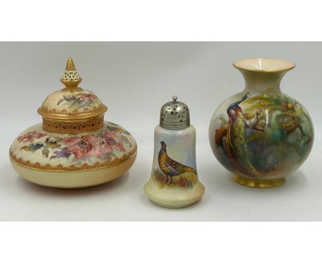 Locke &amp; Co, Worcester : sugar sifter signed W. Stinton, pattern no 1020/pheasant 14cm h and a gilt and blush pot pourri b