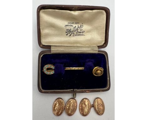 Nine carat gold cufflinks, weight 2.9gm together with two unmarked yellow metal tie pins and two vintage boxes.