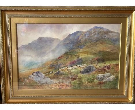 Arthur Stanley Wilkinson (c.1860 - 1930), a watercolour 'Scottish Highland Landscape with Shepherd, Dog and Flock of Sheep'. 