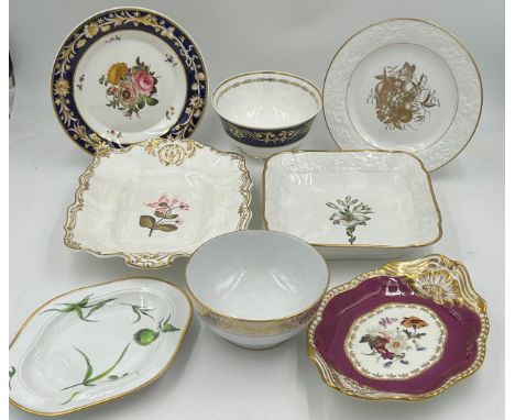 A group of mainly Spode porcelain hand-painted and transfer-printed wares, c. 1820. Including dessert dishes, sauce tureen, p
