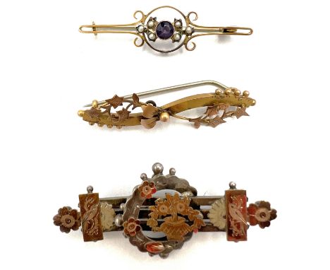 Three 19thC bar brooches to include two 9 carat gold, one set with amethyst and seed pearl and one hallmarked silver. Weight 
