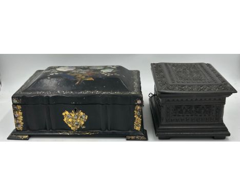 Two boxes : a papier-mâché sewing/jewellery box with gilt and mother of pearl embellishment raised on four flat feet with tra