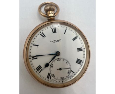 A nine carat gold pocket watch with subsidiary seconds dial. JW Benson London. White enamel face with Roman numeral markers. 