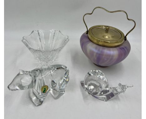 Four pieces of glass to include Baccarat snail, Waterford polar bear, Orrefors bowl and a biscuit barrel.