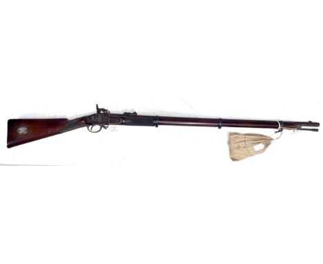 A .577” prize 3 band Enfield percussion rifle by J.W. Edge, dark walnut fullstock with deeply chequered fore end and wrists, 