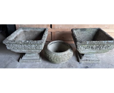 Two reconstituted stone urns 53cm d x 43cm h marked Pan-Art together with a circular reconstituted stone planter.