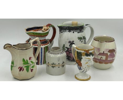 A group of early 19th century British pottery, c. 1800-20. To include: a pink lustre jug, hand-painted pearlware tea caddy, a