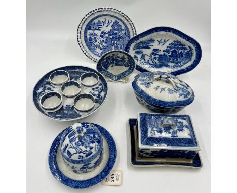 A group of early 19th century blue and white transfer-printed Willow wares, c. 1810-20. To include: a Spode honey pot and cov