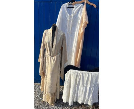 Vintage costume to include silk embroidered kimono with obi, silk nightdress, white cotton nightdress, 2 x black petticoats a