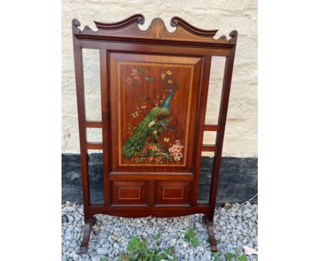 An Edwardian mahogany inlaid and painted fire screen. 81cm h x 51cm w.