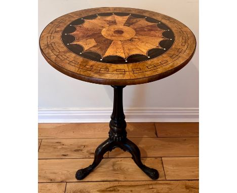 A 19thC tripod table with inlays to top including ivory. 74cm h x 44cm d to top.&nbsp;Ivory submission reference NX2Z3BJS