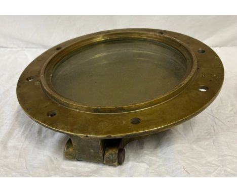 Heavy solid Brass Ships Porthole with armour plated fitted glass, 37cm d with glass 25cm.