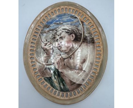 An early 19th century large Spode creamware arcaded dish, c. 1820. It has a later painted scene of a man blowing a horn, sign