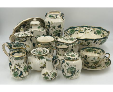 A collection of Mason's Ironstone Chartreuse to include a large fruit bowl measuring 26cm diameter, vase, dish, tea caddy, li