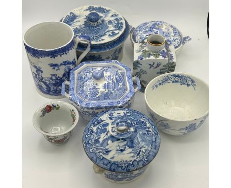 A group of early 19th century blue and white transfer-printed wares, c. 1800-10. To include: a Spode Fruit and Flowers covere