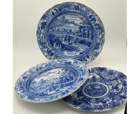 Two early 19th century blue and white transfer-printed Spode Caramanian series soup dish and a Copeland 1892 plate with a Tig