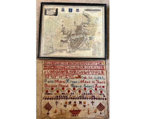 A Victorian sampler by Alice ? Blundell Street Board School Hull 26cm x 30 cm, together with a map of Kingston upon Hull with