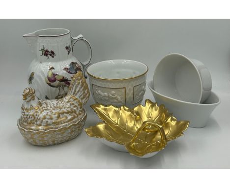 Vista Alegre ceramics to include a Mottahedeh Williamsburg Bird Pitcher 22.5cm h, a gilded Chicken Egg Holder, a large gilded