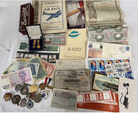 A miscellany to include WWI British War &amp; Victory medals engraved to 102742 Private E. A. Parsons Notts &amp; Derby R, WW