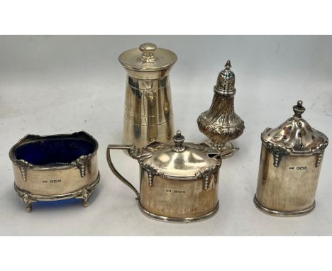 Hallmarked silver to include three piece cruet Sheffield 1952, maker Walker &amp; Hall, pepper pot Birmingham, date marked ru