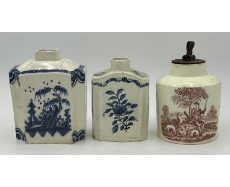 Two early 19th century pearlware tea caddies, hand-painted in blue, one with floral decoration and one with a Chinese landsca