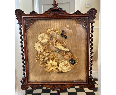 A 19thC rosewood pole fire screen with framed plush work tapestry 460cm pole length with frame 47cm sq.