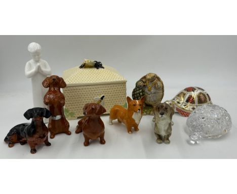 A collection of ceramics to include 5 x Beswick Dachshund dogs, Royal Crown Derby Tortoise, Waterford Crystal Tortoise, Royal