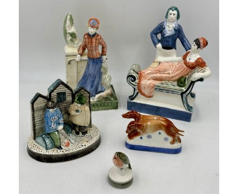 Five 20thC Rye Pottery to include James &amp; Dolley Madison 28.5cm high, fishermen, a robin etc (5).