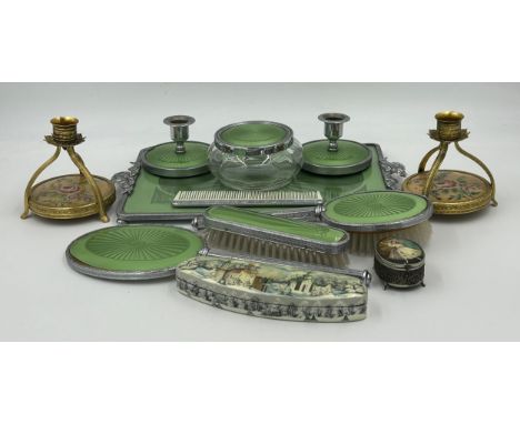 A miscellany to include a Green 8-piece Art Deco Dressing Table Set, 2 x Gilt needlepoint Candle holders 11cm h along with 2 