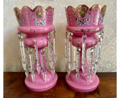 A pair of 19thC pink glass lustres with gilt and enamel decoration. 36.5cm h x 16.5cm d. Together with loose unassociated gla