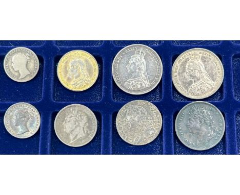 Coins: George II shilling 1757, 2 x  Queen Victoria shilling 1887, a gold plated 1887 sixpence with J.E.B on trunk, 2 x four 