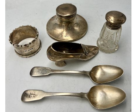 Hallmarked silver to include capstan inkwell, pair teaspoons, napkin ring, shoe, silver topped glass jar. Total weighable sil
