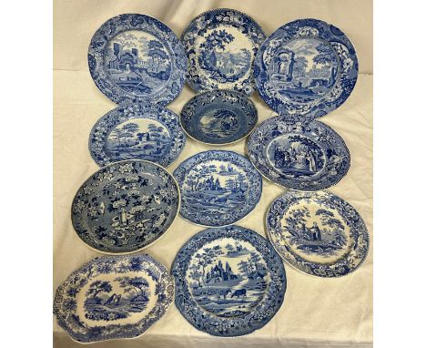 A group of early 19th century blue and white transfer-printed wares, c. 1820. To include Jones British History, Spode Italian