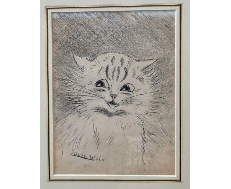 Louis WAIN (1860 - 1939) 'Smiling Cat' in pencil, signed L.L. Sight size 24.5 x 18cm.