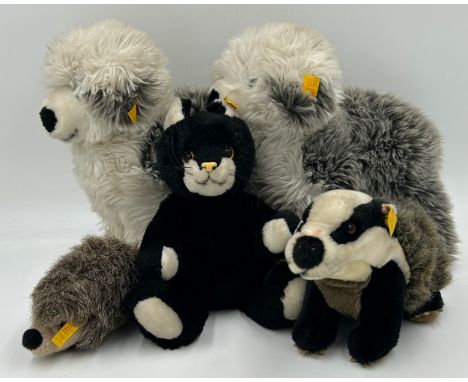 Five Steiff Soft Toys to include 2 x Old English Sheep Dogs 28cm h, Black Cat with whiskers, Badger and a Hedgehog. All with 