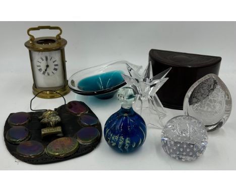 A mixture of items to include 3 x glass paperweights, bullicante, Wedgwood and blue, a Lisden Ware cigarette dispenser, a mid